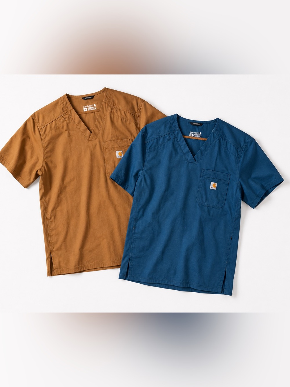 BUNDLE TWO Carhartt Men’s Rugged Fit Work Scrub Top - Brown and Blue Size Med